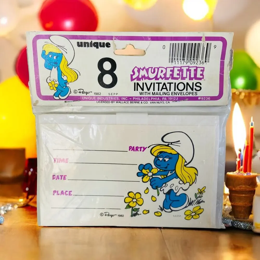 Vintage 1982 Smurf Smurfette Party Birthday Invitations Pack of 8 Toys R Us